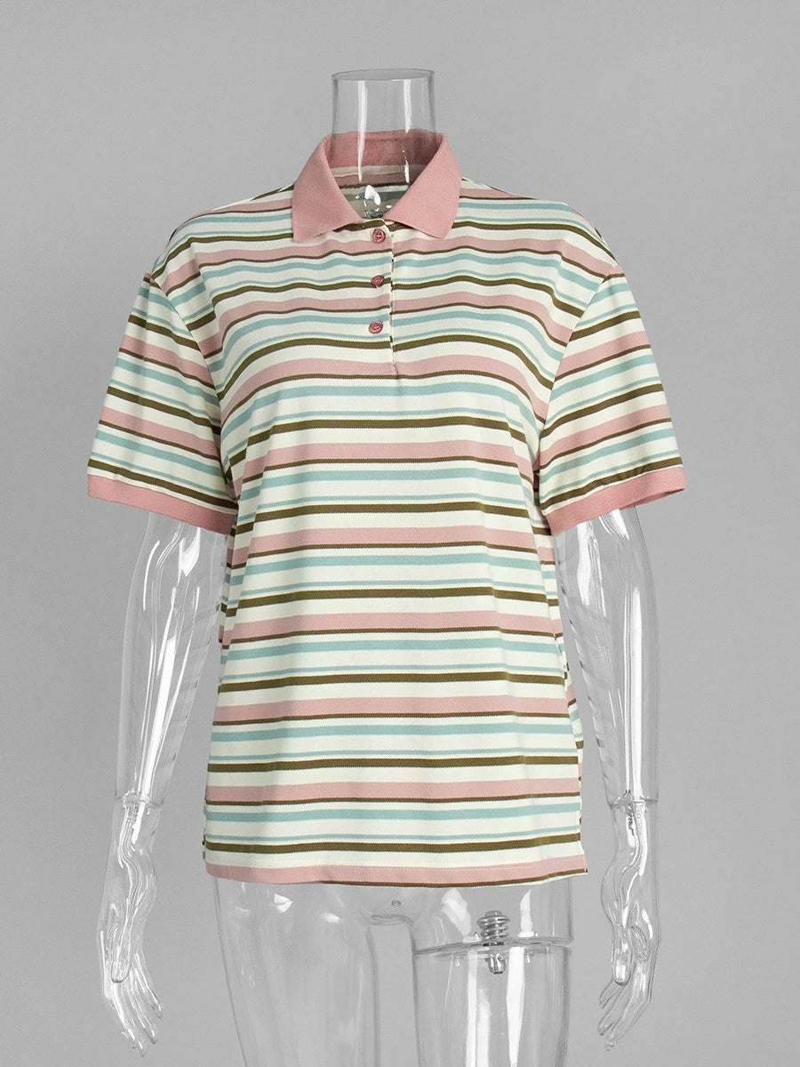 Women's Retro Striped Polo Shirt – Loose Fit Knitted Short Sleeve Casual Top for Summer Style