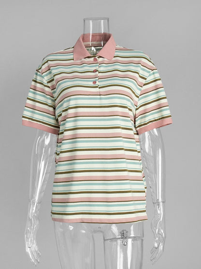 Women's Retro Striped Polo Shirt – Loose Fit Knitted Short Sleeve Casual Top for Summer Style