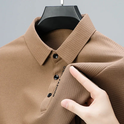 Men's Waffle Knit Long Sleeve Polo Shirt – Letter Print Casual Button-Up Top for Everyday Style