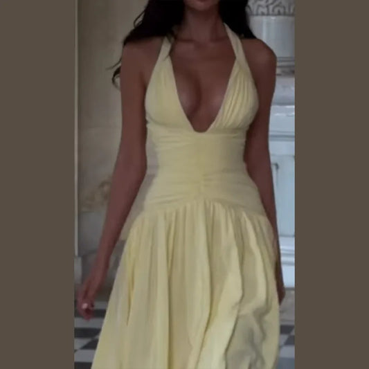 Elegant Halter Maxi Dress Women Deep V Neck Ruched Bust High Slit Bodycon Formal Evening Prom Cocktail Dress Multiple Colors