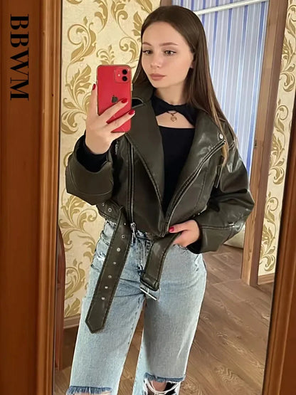 Women's Oversized Faux Leather Jacket – Vintage Belted Zipper Coat, Retro Moto Biker Style