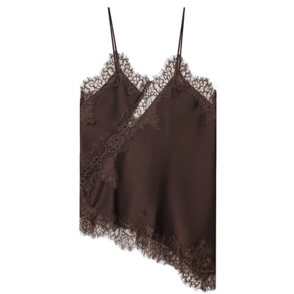 Women's Y2K Asymmetrical Camisole Top – Lace Trim Backless Sleeveless Slip Tank for Chic Summer Style