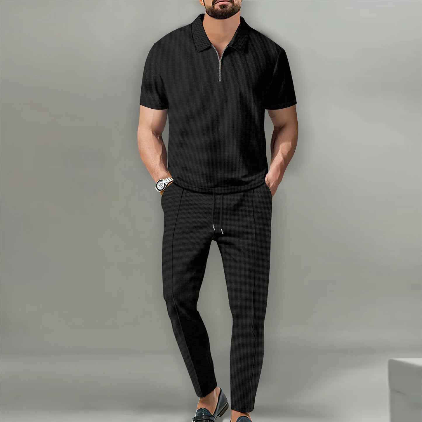 Summer Sport Polo Shirt & Shorts Matching Set for Men – Zipper Streetwear Tracksuit