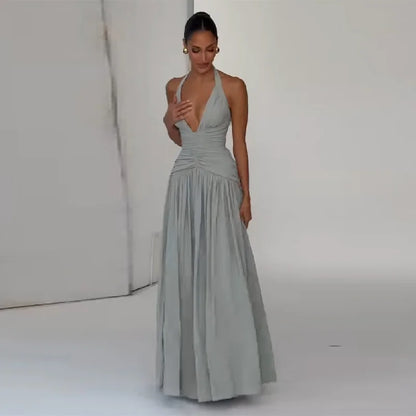 Elegant Halter Maxi Dress Women Deep V Neck Ruched Bust High Slit Bodycon Formal Evening Prom Cocktail Dress Multiple Colors