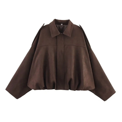 Women's Oversized Suede Bomber Coat – Chic Zipper Jacket, Spring Streetwear Fashion