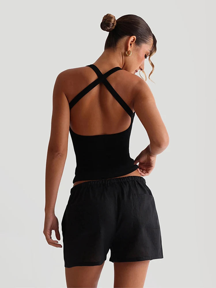 Women's Ribbed Cross Strap Tank Top – Low Neck Backless Crop Top for Trendy High Street Style