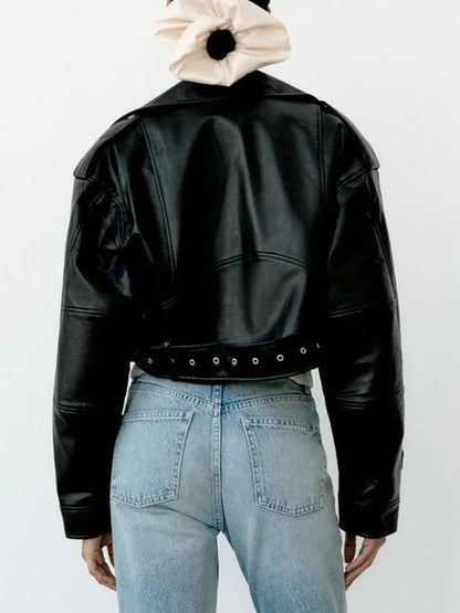 Women's Oversized Faux Leather Jacket – Vintage Belted Zipper Coat, Retro Moto Biker Style