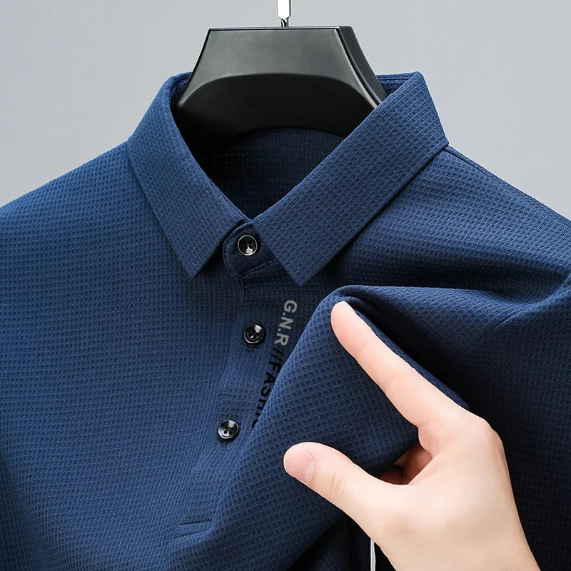 Men's Waffle Knit Long Sleeve Polo Shirt – Letter Print Casual Button-Up Top for Everyday Style