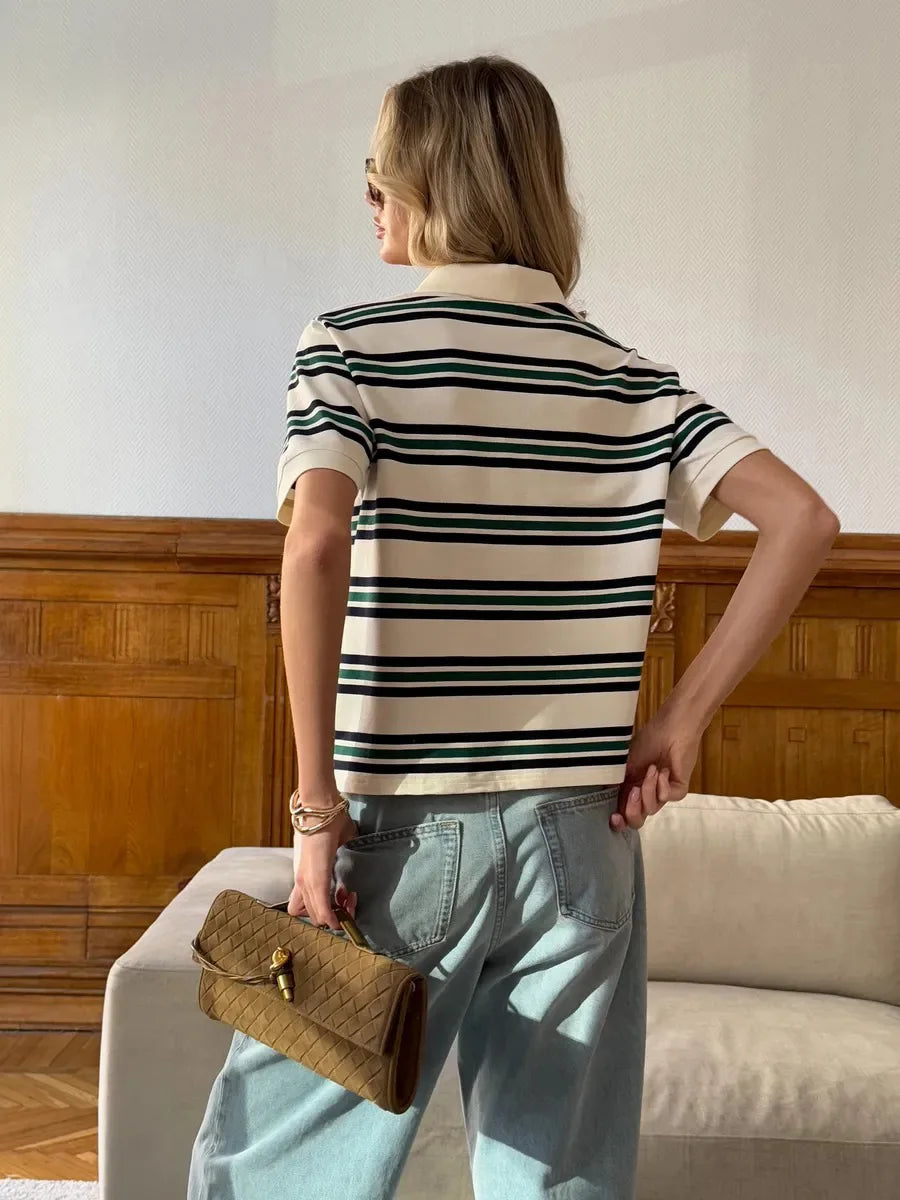 Women's Retro Striped Polo Shirt – Loose Fit Knitted Short Sleeve Casual Top for Summer Style