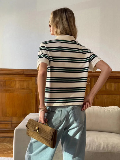 Women's Retro Striped Polo Shirt – Loose Fit Knitted Short Sleeve Casual Top for Summer Style