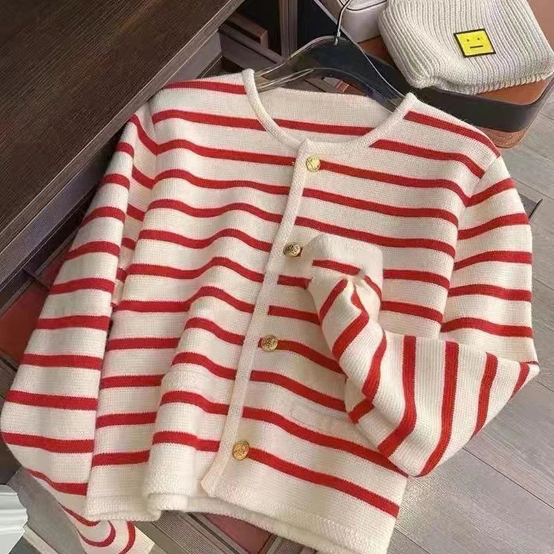 Women's Cropped Striped Cardigan – Casual Chic Knit Sweater with O-Neck & Long Sleeves
