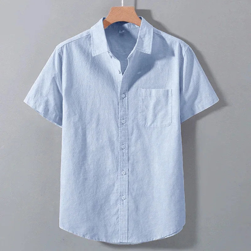 Men's Lightweight Casual Button-Up Shirt – Breathable Solid Color Short Sleeve Collared Shirt with Pocket
