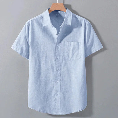 Men's Lightweight Casual Button-Up Shirt – Breathable Solid Color Short Sleeve Collared Shirt with Pocket