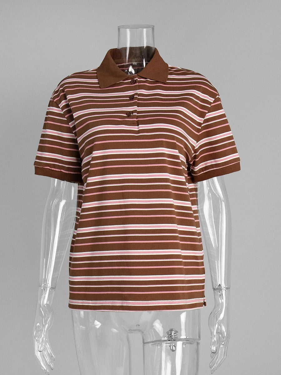 Women's Retro Striped Polo Shirt – Loose Fit Knitted Short Sleeve Casual Top for Summer Style