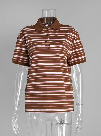 Women's Retro Striped Polo Shirt – Loose Fit Knitted Short Sleeve Casual Top for Summer Style