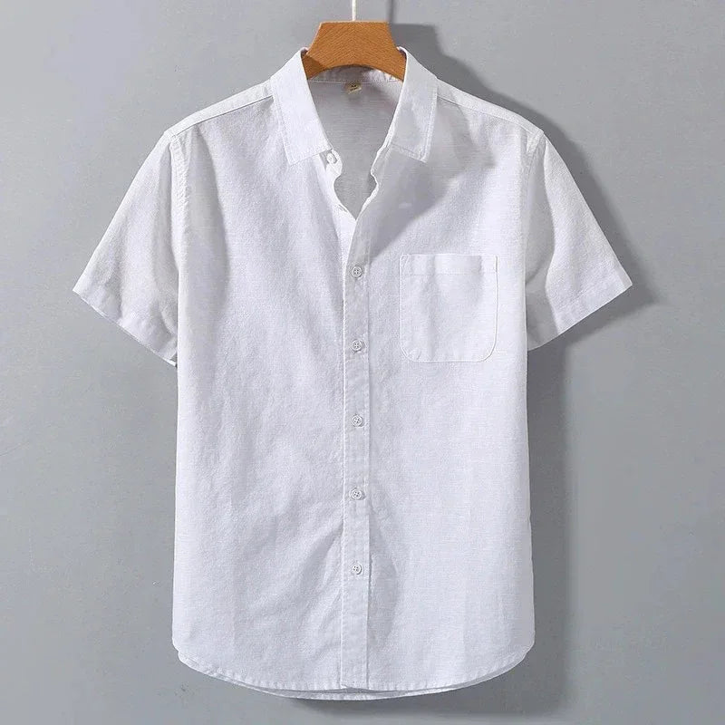 Men's Lightweight Casual Button-Up Shirt – Breathable Solid Color Short Sleeve Collared Shirt with Pocket