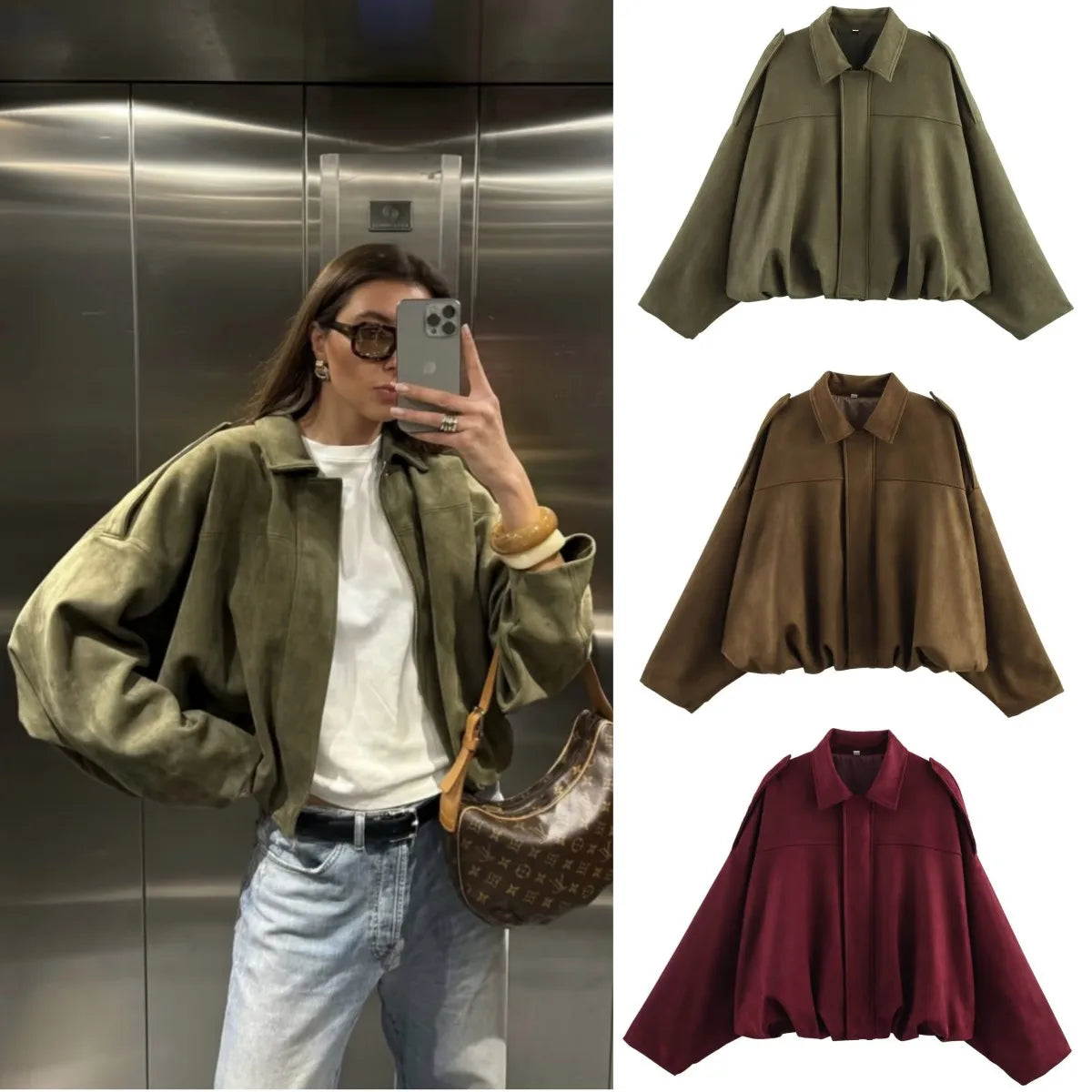 ETJ 2026 Spring New Women's Suede Texture Effect Loose Version of Fashion Lapel Shoulder Jacket
