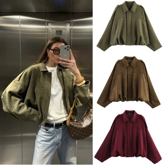 ETJ 2026 Spring New Women's Suede Texture Effect Loose Version of Fashion Lapel Shoulder Jacket