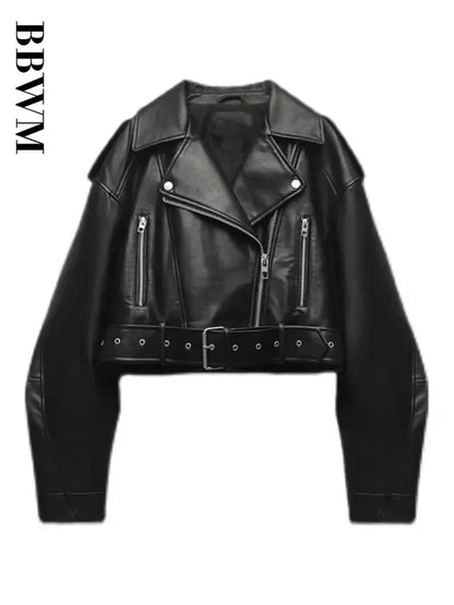 Women's Oversized Faux Leather Jacket – Vintage Belted Zipper Coat, Retro Moto Biker Style