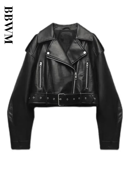 Women's Oversized Faux Leather Jacket – Vintage Belted Zipper Coat, Retro Moto Biker Style