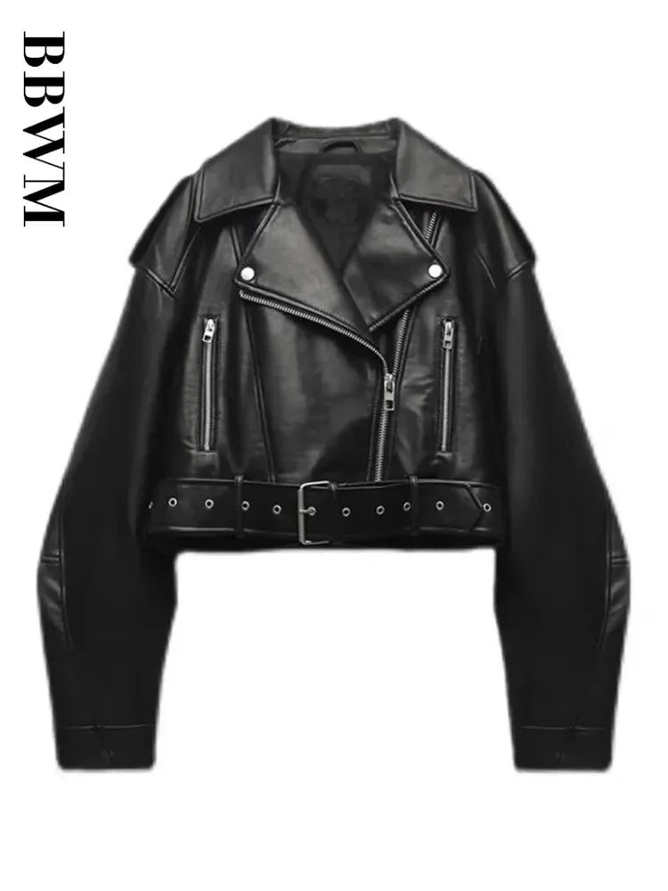Women's Oversized Faux Leather Jacket – Vintage Belted Zipper Coat, Retro Moto Biker Style
