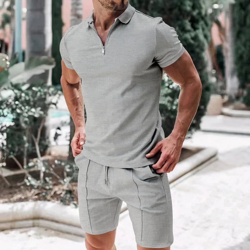 Summer Sport Polo Shirt & Shorts Matching Set for Men – Zipper Streetwear Tracksuit