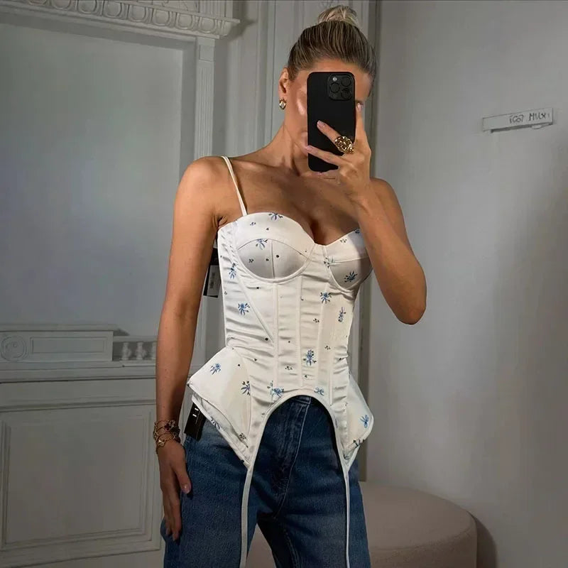 Women's Printed Corset Tank Top – Lace-Up Slim Fit Sleeveless Waist-Cinching Top for Summer Parties