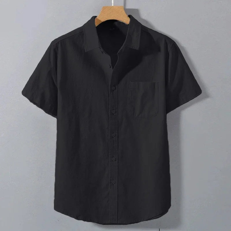 Men's Lightweight Casual Button-Up Shirt – Breathable Solid Color Short Sleeve Collared Shirt with Pocket
