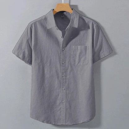 Men's Lightweight Casual Button-Up Shirt – Breathable Solid Color Short Sleeve Collared Shirt with Pocket