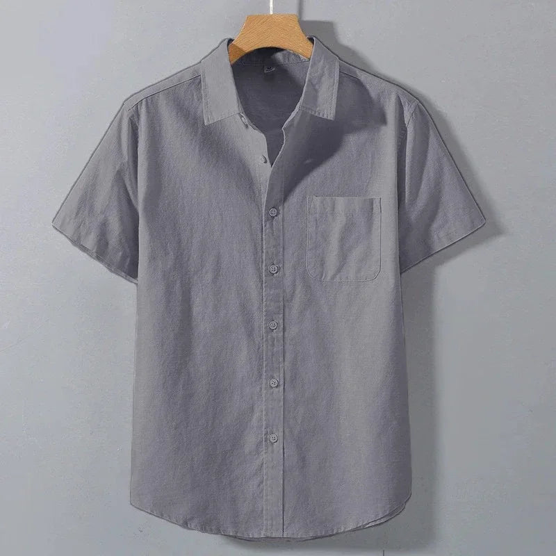 Men's Lightweight Casual Button-Up Shirt – Breathable Solid Color Short Sleeve Collared Shirt with Pocket
