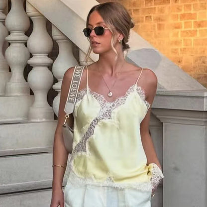 Women's Y2K Asymmetrical Camisole Top – Lace Trim Backless Sleeveless Slip Tank for Chic Summer Style