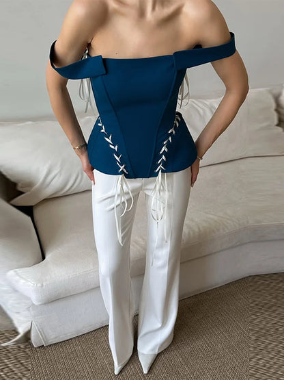 Women's Navy Blue Corset Top – Slim Fit Lace-Up Sleeveless Waist-Cinching Blouse for Summer Office Style
