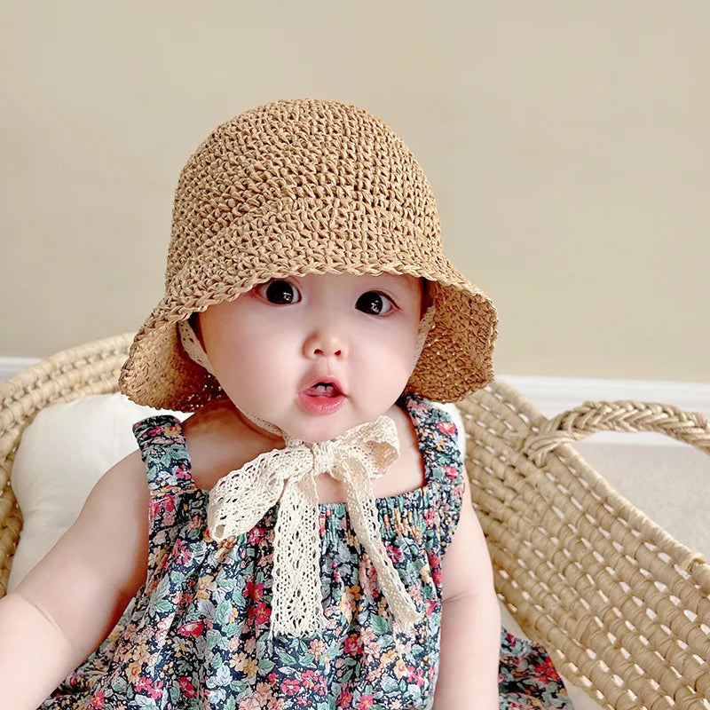 Baby Straw Sun Hat – Cute Lace Bow Panama Hat for Girls, Kids Summer Beach Cap for Outdoor Travel