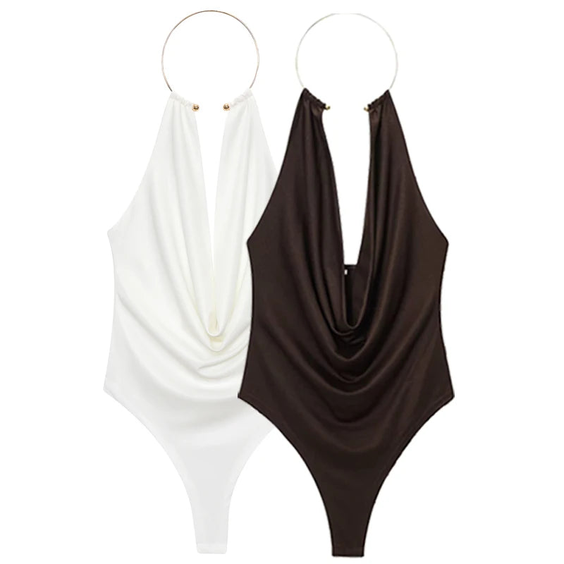 Women's Brown Halter Bodysuit – Sleeveless Open Back Thong Bodysuit for Summer Party & Rave Style