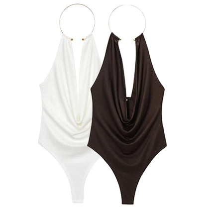 Women's Brown Halter Bodysuit – Sleeveless Open Back Thong Bodysuit for Summer Party & Rave Style