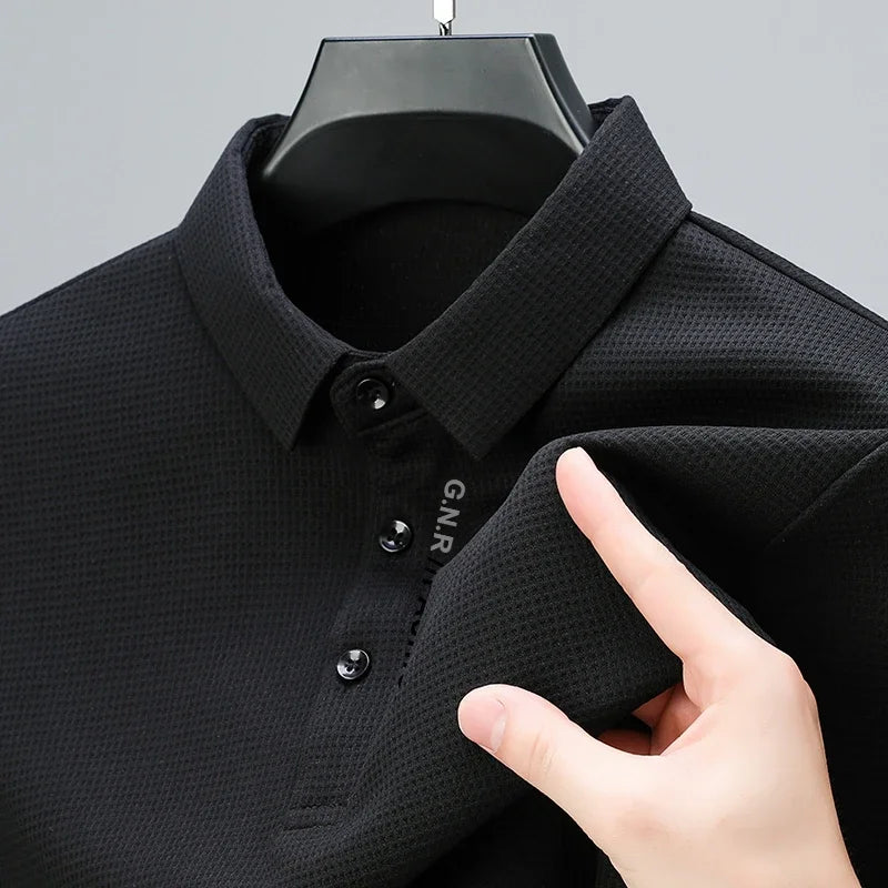 Men's Waffle Knit Long Sleeve Polo Shirt – Letter Print Casual Button-Up Top for Everyday Style